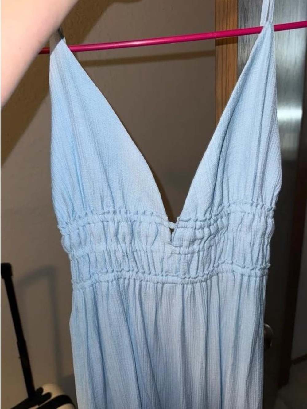 Light Blue Smocked V-Neck Maxi Dress with Spaghetti Straps - Picture 2 of 2